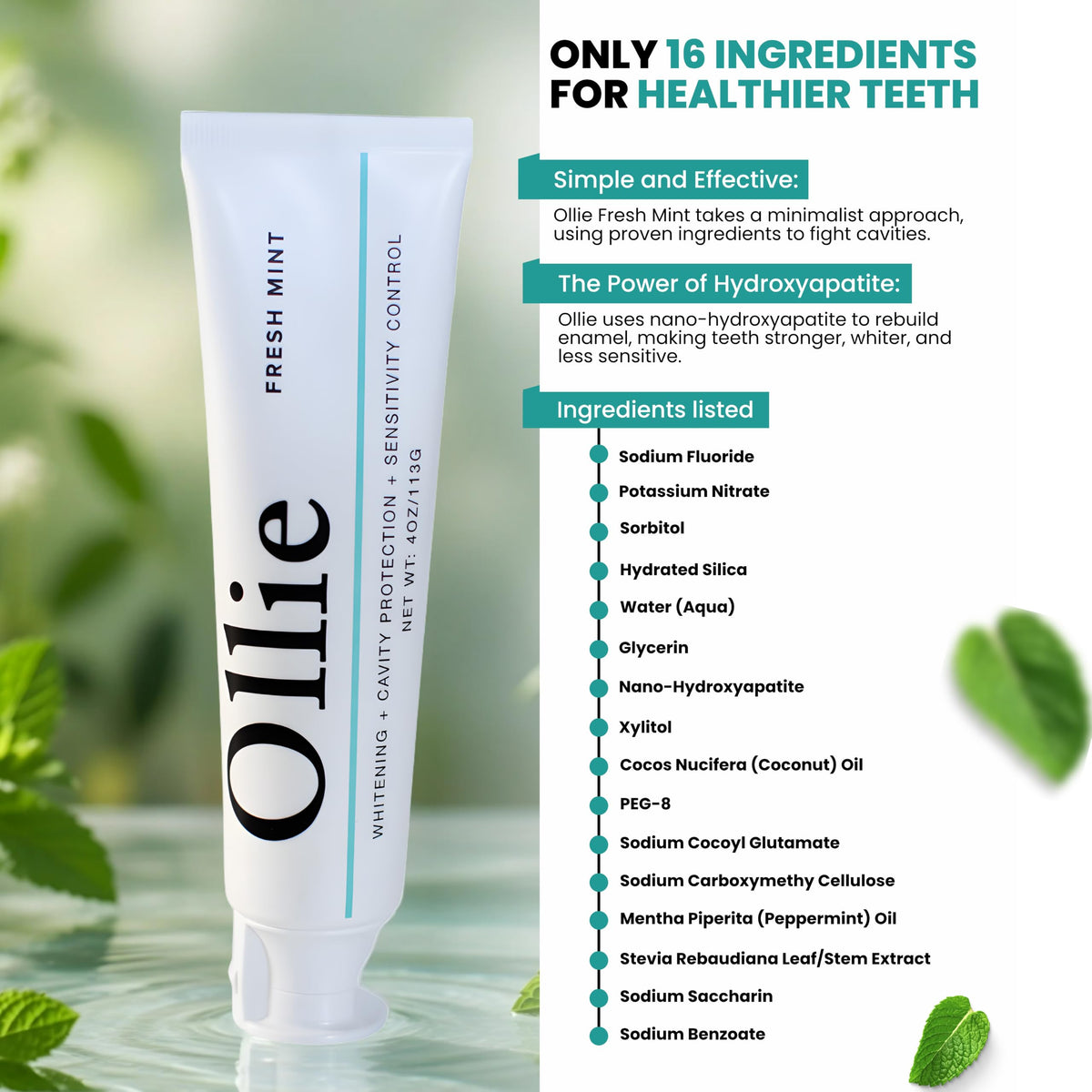 Ollie Toothpaste with Fluoride, 10% Nano Hydroxyapatite, Fresh Mint, 1 Pack