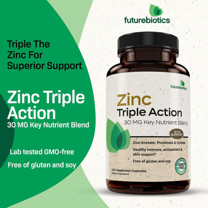 Futurebiotics Zinc Triple Action 30mg Key Nutrient Blend Immune Support Supplement with Zinc Acetate, Picolinate & Orotate - Immune, Antioxidant & Skin Health Support - 150 Vegetarian Capsules