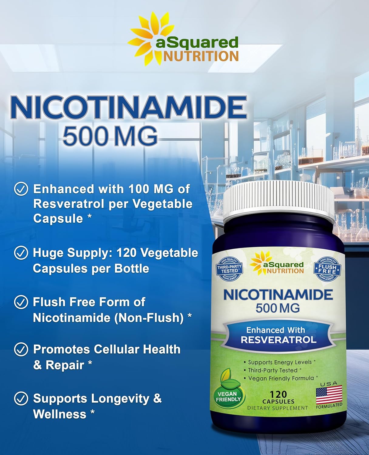 Nicotinamide with Resveratrol - 120 Capsules - Vitamin B3 500mg Supplement | Nicotinamide 500mg (Niacinamide Flush Free) - Vit B3 Pills to Support NAD, Skin Cell Health & Energy