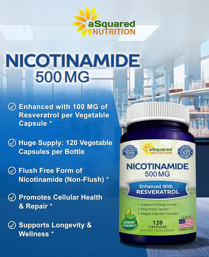 Nicotinamide with Resveratrol - 120 Capsules - Vitamin B3 500mg Supplement | Nicotinamide 500mg (Niacinamide Flush Free) - Vit B3 Pills to Support NAD, Skin Cell Health & Energy