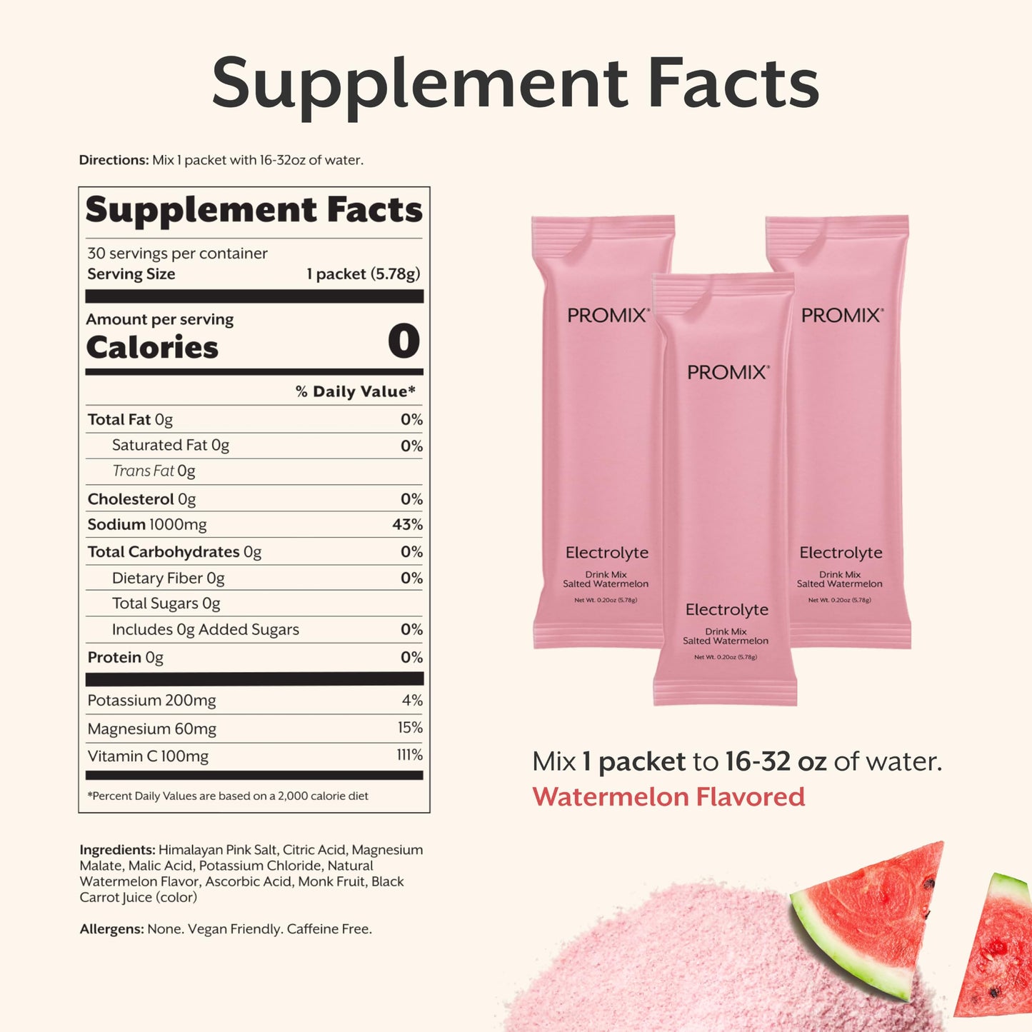 ProMix Nutrition Electrolytes Powder Hydration Packets - Himalayan Pink Salt, Magnesium, Potassium, Vitamin C - Salted Watermelon, Lightly Sweetened - 30 Servings (Pack of 30)