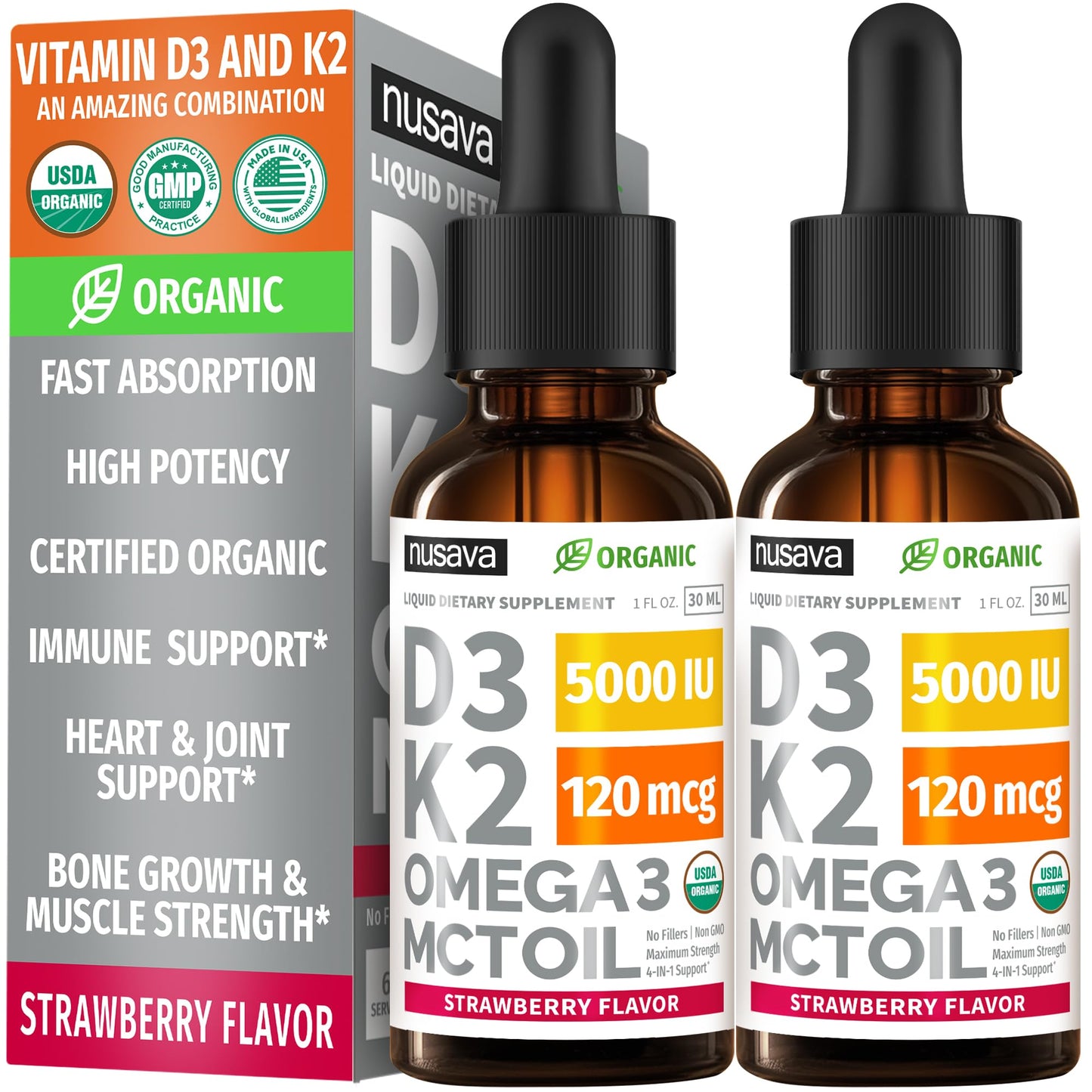 (2 Pack) Organic Vitamin D3 K2 Drops with MCT Oil & Omega 3 - Liquid Vitamin D3 5000 IU - K2 D3 Vitamin Supplement - Vitamin D Drops for Women & Men - No Fillers, Non-GMO, GMP, Unflavored (2 Fl Oz)