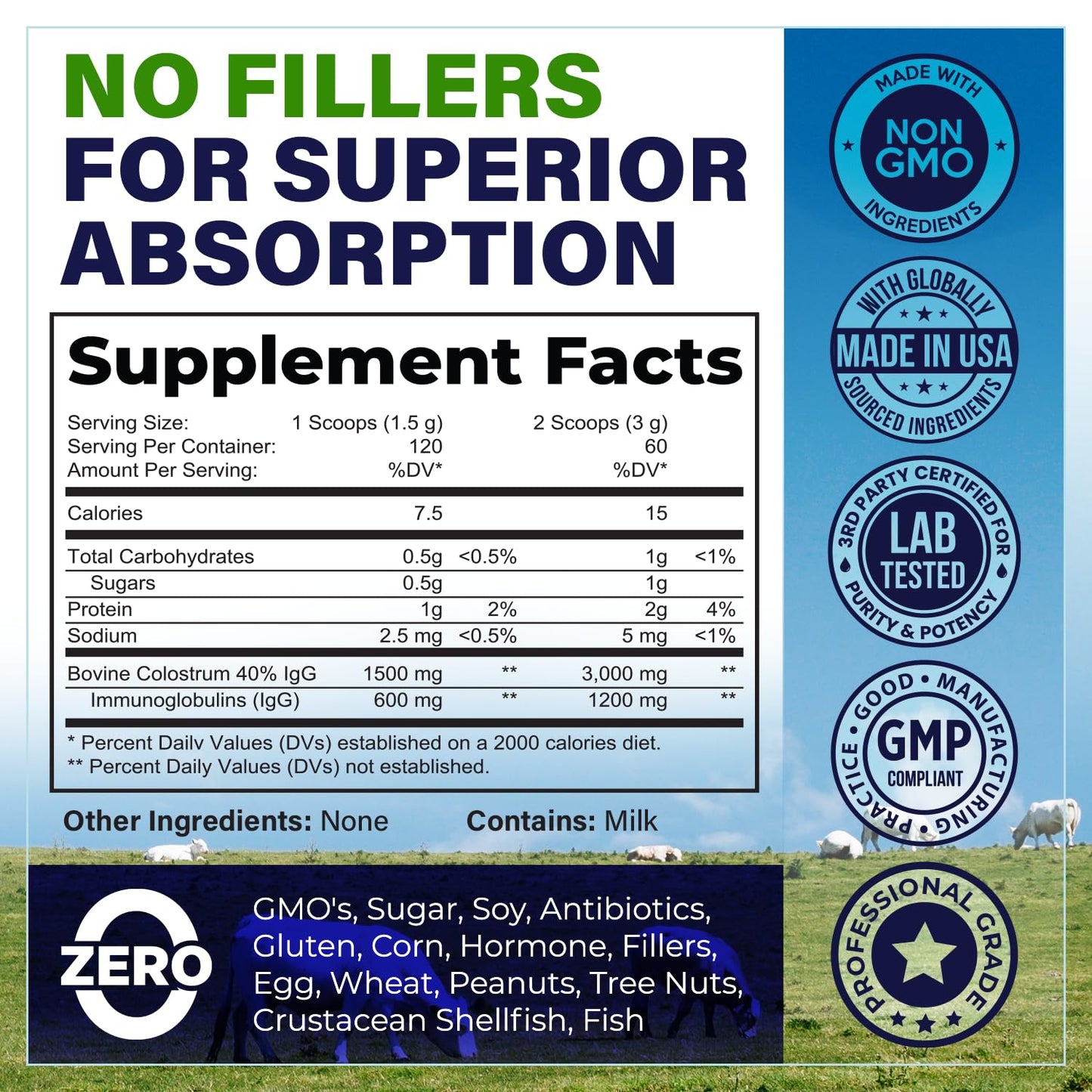 Bovine Colostrum Powder Supplement (3000mg + 40% IgG + No Fillers) Supports Gut & Digestive Health, Muscle Recovery & Growth, Immune Support - Unflavored & Easy to Mix - Grass Fed - 60 servings