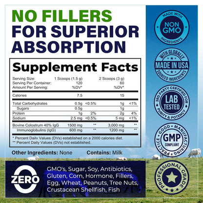 Bovine Colostrum Powder Supplement (3000mg + 40% IgG + No Fillers) Supports Gut & Digestive Health, Muscle Recovery & Growth, Immune Support - Unflavored & Easy to Mix - Grass Fed - 60 servings