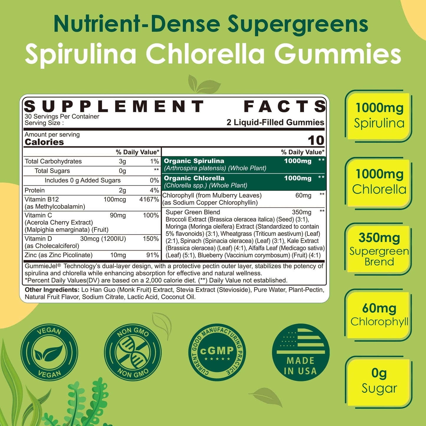 Organic Spirulina Chlorella Gummies + Super Greens, High in Vegan Protein & Chlorophyll, Green Algae + Broccoli，Moringa, Spinach, C, D3, Zinc, B12 for Energy, Gut, Immune, Antioxidant, No Sugar, 60Cts