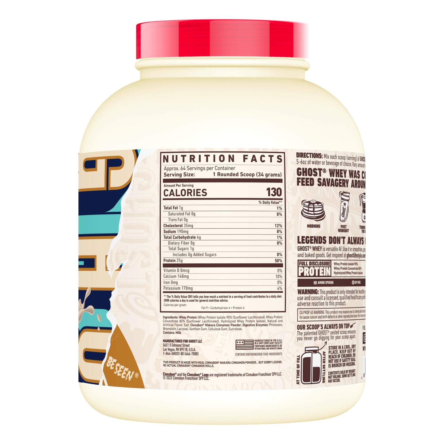 GHOST Whey Protein Powder, Cinnabon - 2LB, 25G of Protein - Cinnamon Roll Flavored Isolate, Concentrate & Hydrolyzed Whey Protein Blend - Post Workout Shakes - Soy & Gluten Free