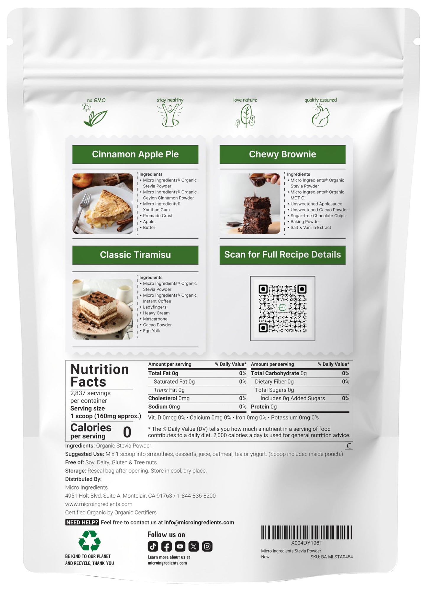 Micro Ingredients Pure Organic Stevia Powder, 8 Ounces, 1418 Serving, Highest Grade Green Leaf Extract Reb-A, Reduced Bitter Aftertaste, 0 Calorie, Natural Sweetener, Sugar Alternative, Keto Friendly