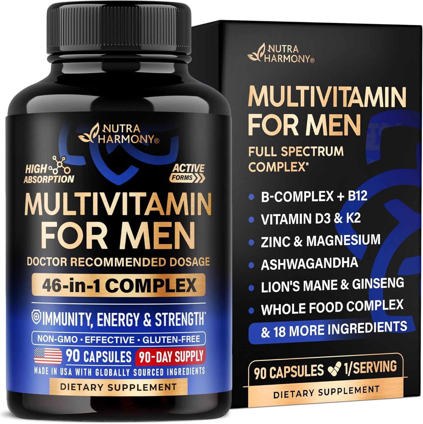 Multivitamin for Men - B-Complex | Whole Foods & Enzymes - Energy, Focus & Brain | Men's Health Complex - 46in1 Mens Multivitamin - Bioavailable & Gentle on Stomach - Lab Tested - 90 Capsules, 1/Day