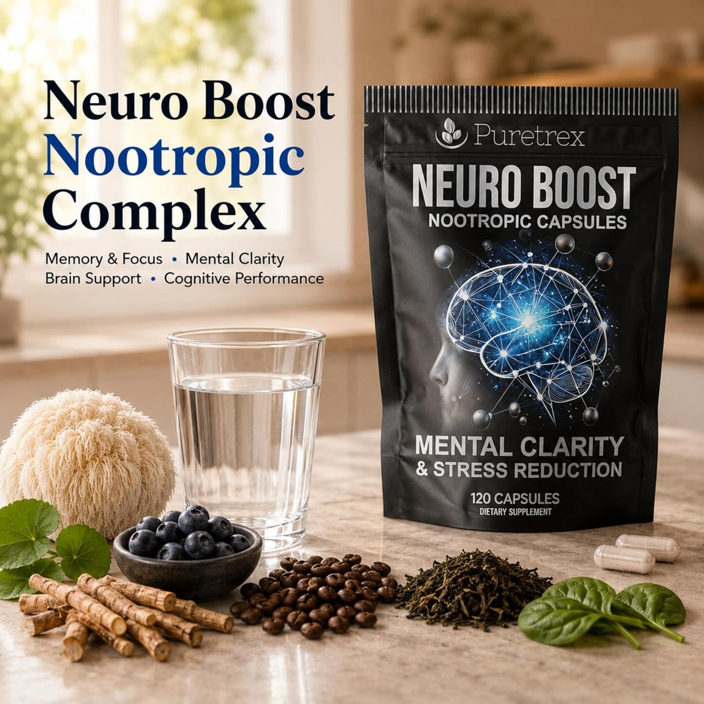 Neuro Boost Nootropic Capsules - Lions Mane, Bacopa, Alpha GPC, L-Theanine, Ashwagandha, Ginkgo Biloba Supplement for Mental Clarity, Focus, 120 Vegan Caps, Made in UK