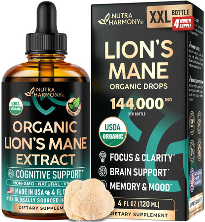 Lions Mane Liquid - USDA Certified Organic Lions Mane Supplement - Brain Support, Energy, Memory & Focus - Sugar & Alcohol-Free Lion's Mane Mushroom Extract 72,000 mg / Bottle, 2 Fl OZ, 2 Month Supply