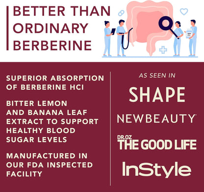 Berberine Supplement - 10xHigher Absorption Berberine HCI Complex with Bitter Lemon & Banaba Leaf - Cholesterol & Metabolic Clinically Researched Support - 60 Capsules Non-GMO