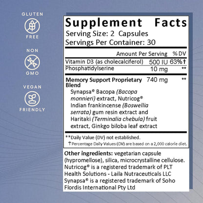 EcoNugenics Memory Boost Supplement – Clinically Studied Ingredients to Support Brain Focus & Health – Nootropic Formula with Bacopa Monnieri, Boswellia Serrata & Ginkgo Biloba Extract – 60 Capsules