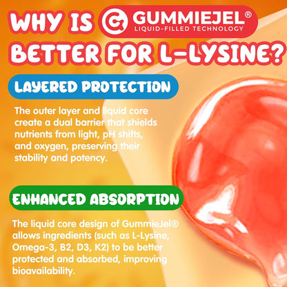 L-Lysine Gummies 500/1000mg with Algae Omega 3, Vitamin B2, D3, K2, C for Kids 9+, Teen & Adult, Lysine Supplement Support Immune, Lip & Oral, Collagen Production, Brain, Bone Health, Sugar Free 1Pack