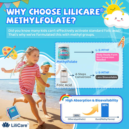 L Methylfolate for Kids Gummies, Active 5-MTHF + Methyl B12, B6, Choline & Vegan DHA, Methylated Vitamins for Kids, MTHFR Supplement Support Mood, Bēhavior, Cognition, Brain, Focus, Sugar Free, 2 Pack
