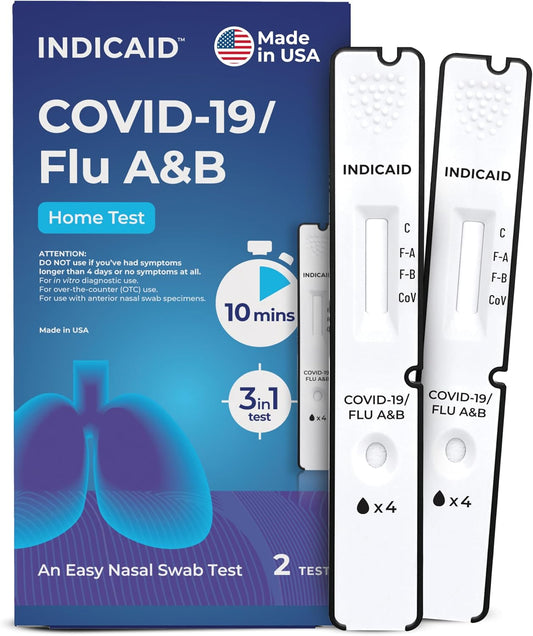 INDICAID COVID-19/Flu A&B 3-in-1 Antigen Test, Covid Flu Test Combo Kit, Accurate Results in 10 Minutes, Made in USA, 2 Tests Easy to Use at Home, School, Working Place, FSA/HSA Eligible | Covid Flu Home Test,