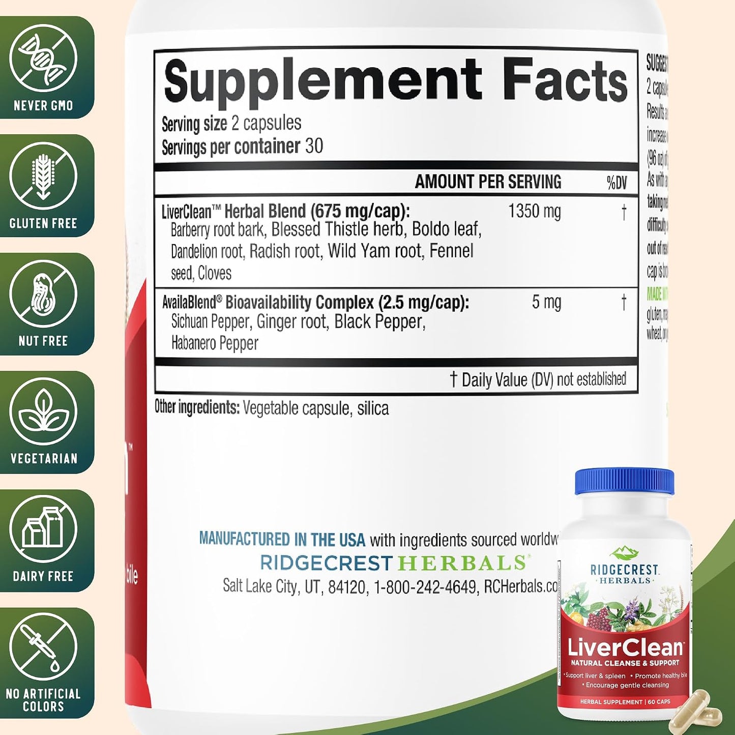 RidgeCrest Herbals LiverClean Herbal Liver Support Formula 60 Ct | 30 Servings, Blessed Thistle, Dandelion Root, Supports Healthy Bile Production, Natural Herbal Blend, Vegan Capsules