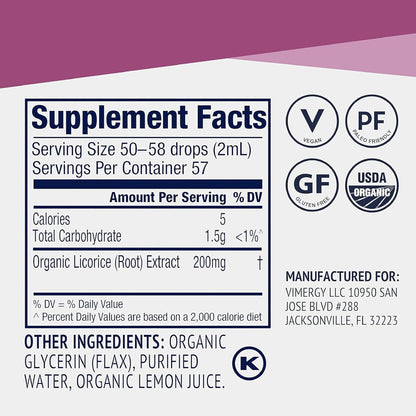 Vimergy Licorice – Promotes Digestive Function* 57 2mL (50-58 Drops) Servings (200mg Extract Per Serving) – Benefits Respiratory Health* – USDA Organic, Vegan, Gluten-Free – 115 mL