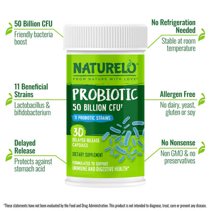 NATURELO Probiotics for Digestive Health, 50 Billion CFU, 60 Vegetarian Capsules, 11 Strains, Daily Use Supplement, Delayed Release, No-Fridge, Boosts Immune System, Probiotics for Women & Men