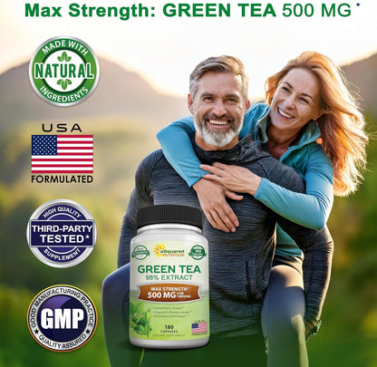 aSquared Nutrition Green Tea Extract with EGCG – 180 Capsules – 500mg per Capsule – 75% Polyphenols, 45% EGCG – Antioxidant Support, Heart Health, Natural Detox – Low Caffeine Supplement