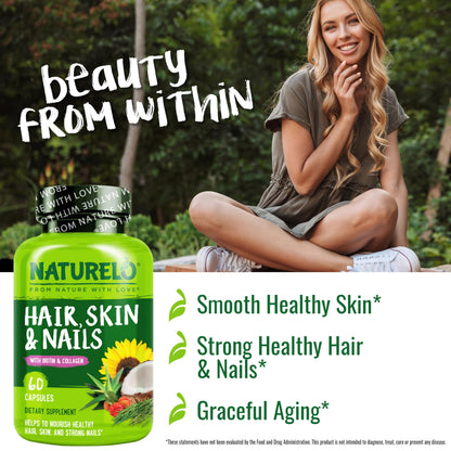 NATURELO Hair, Skin and Nails Vitamins - 5000 mcg Biotin, Collagen, Natural Vitamin E - Supplement for Healthy Skin, Hair Growth for Women and Men – 60 Capsules
