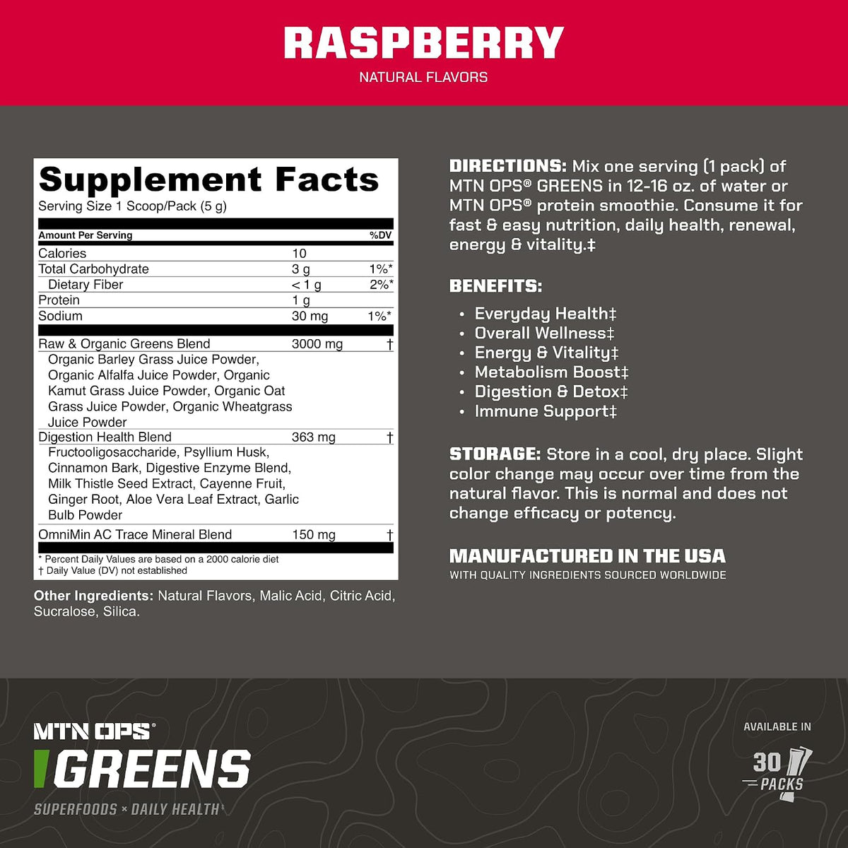 MTN OPS Daily Greens Superfood Powder Stick Packs, Raspberry