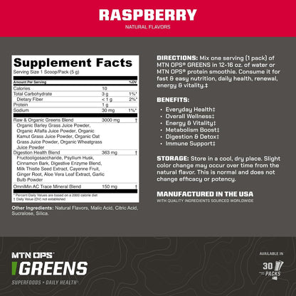 MTN OPS Daily Greens Superfood Powder Stick Packs, Raspberry
