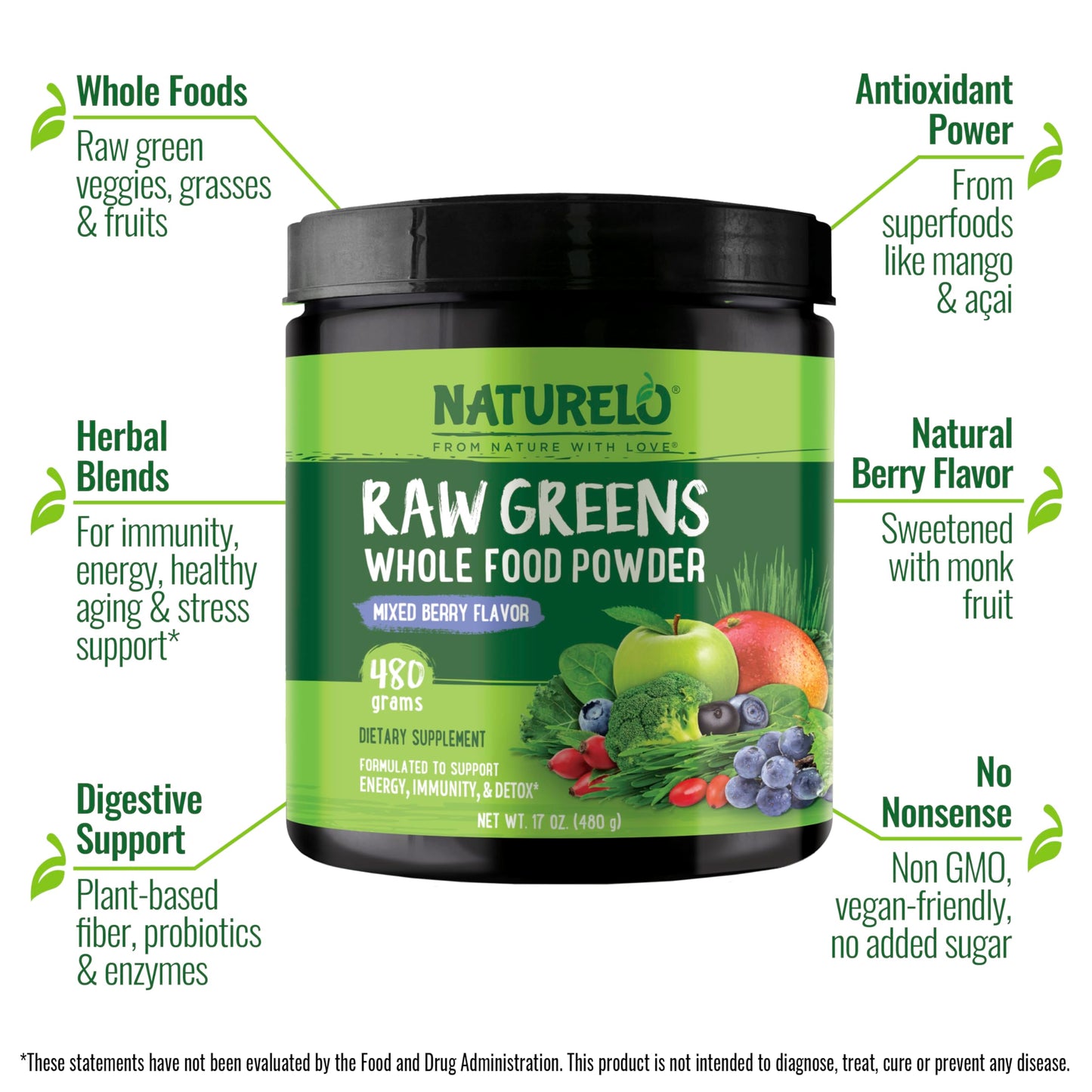NATURELO Raw Greens Superfood Powder 480 Grams, Mixed Berry - Supports Energy, Immunity and Detox - Includes Spirulina, Wheat Grass and Organic Greens for Whole Food Nutrition