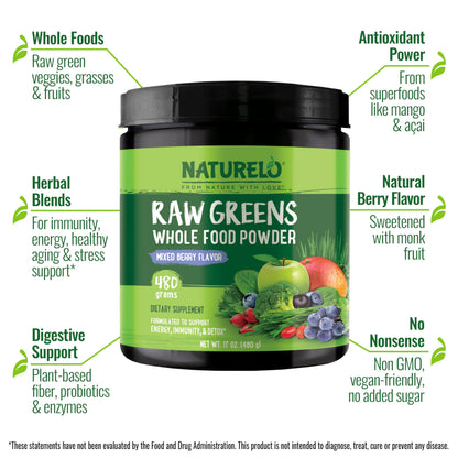 NATURELO Raw Greens Superfood Powder 480 Grams, Mixed Berry - Supports Energy, Immunity and Detox - Includes Spirulina, Wheat Grass and Organic Greens for Whole Food Nutrition
