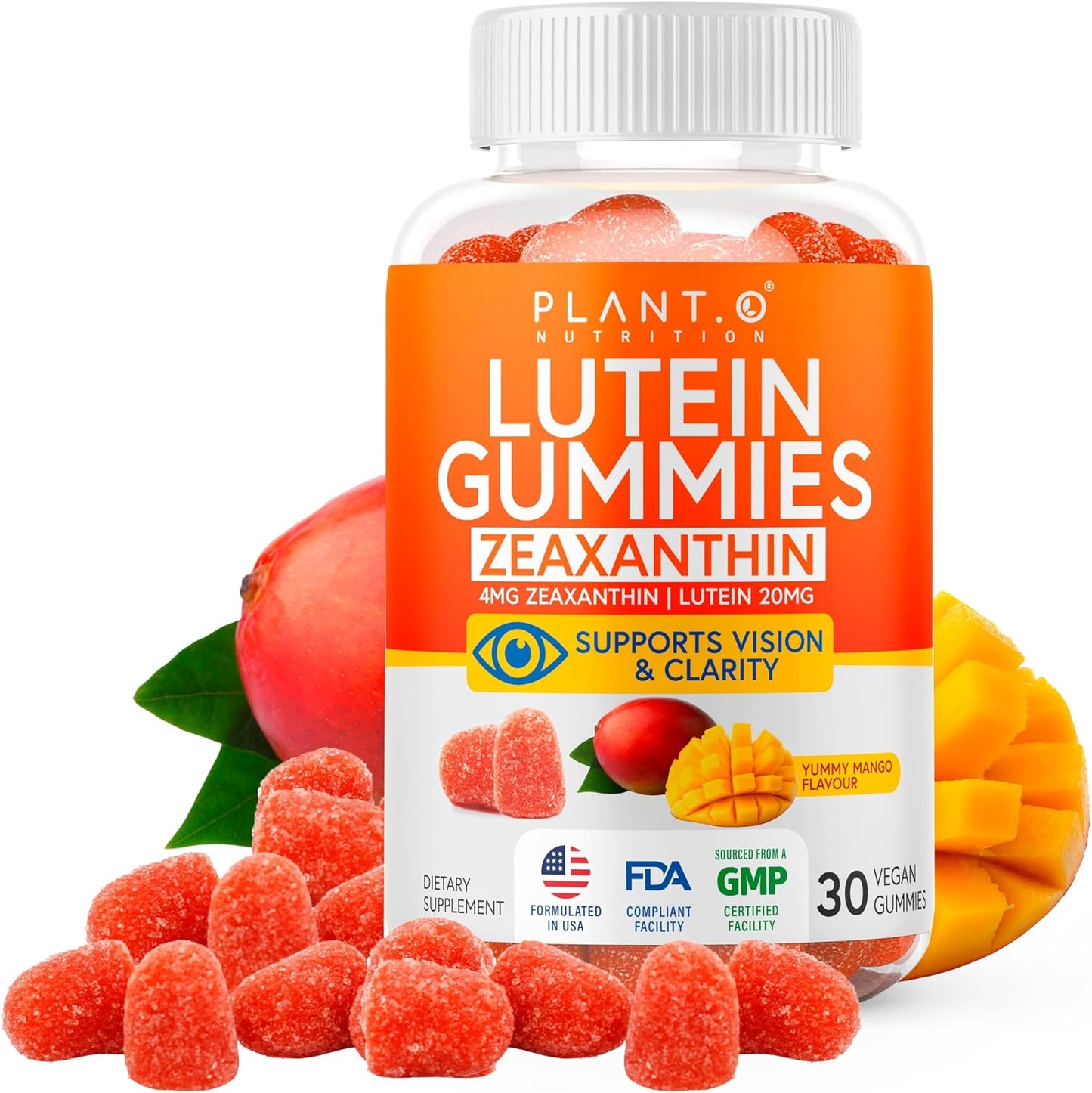 PLANT.O NUTRITION Lutein & Zeaxanthin Gummies - Delicious Vegan Eye Health Vitamins Clinically Studied 20mg Lutein and Zeaxanthin for Vision Clarity Dry Eye Relief and Blue Light Support