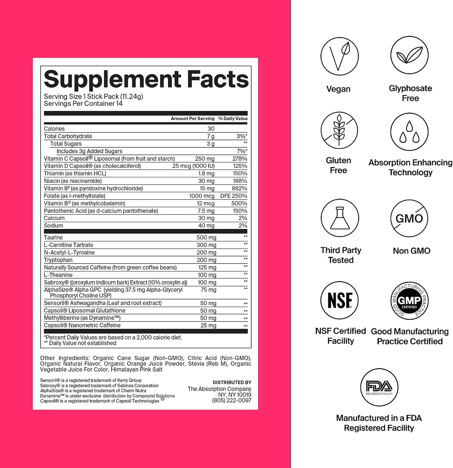 The Absorption Company Energy Drink Mix - 150mg Vitamin C Powder - 7 Pack | Liposomal Clean Alertness Booster, High-Absorption Natural Caffeine, Recovery Boost Water Supplement, Fruit Punch Packets