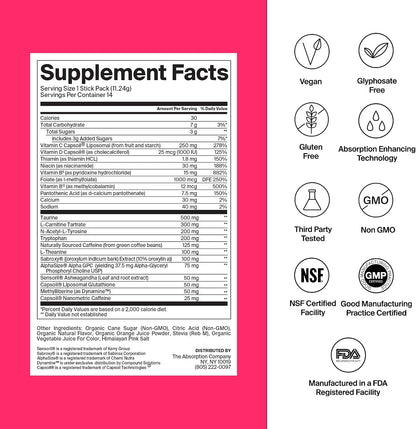 The Absorption Company Energy Drink Mix - 150mg Vitamin C Powder - 7 Pack | Liposomal Clean Alertness Booster, High-Absorption Natural Caffeine, Recovery Boost Water Supplement, Fruit Punch Packets