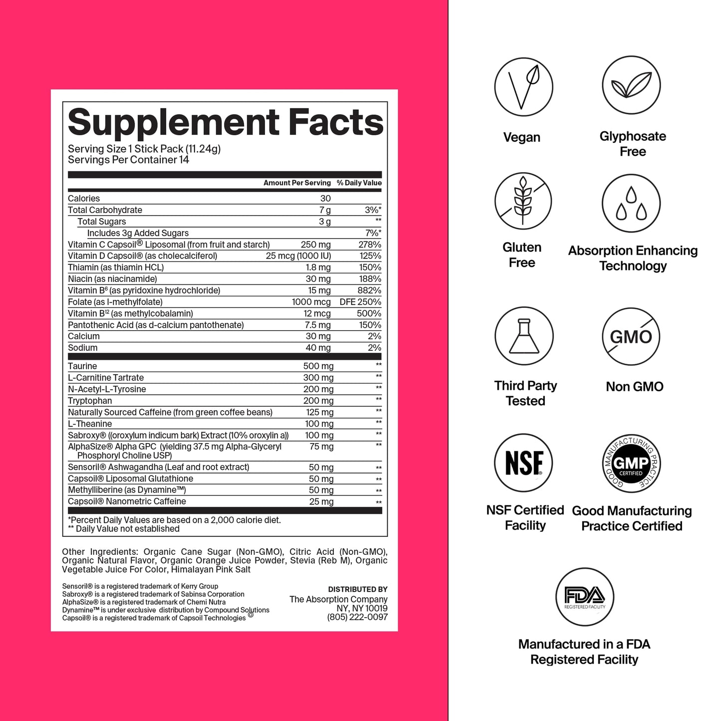 The Absorption Company Energy Drink Mix - 150mg Vitamin C Powder - 7 Pack | Liposomal Clean Alertness Booster, High-Absorption Natural Caffeine, Recovery Boost Water Supplement, Fruit Punch Packets