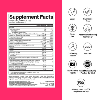 The Absorption Company Energy Drink Mix - 150mg Vitamin C Powder - 7 Pack | Liposomal Clean Alertness Booster, High-Absorption Natural Caffeine, Recovery Boost Water Supplement, Fruit Punch Packets