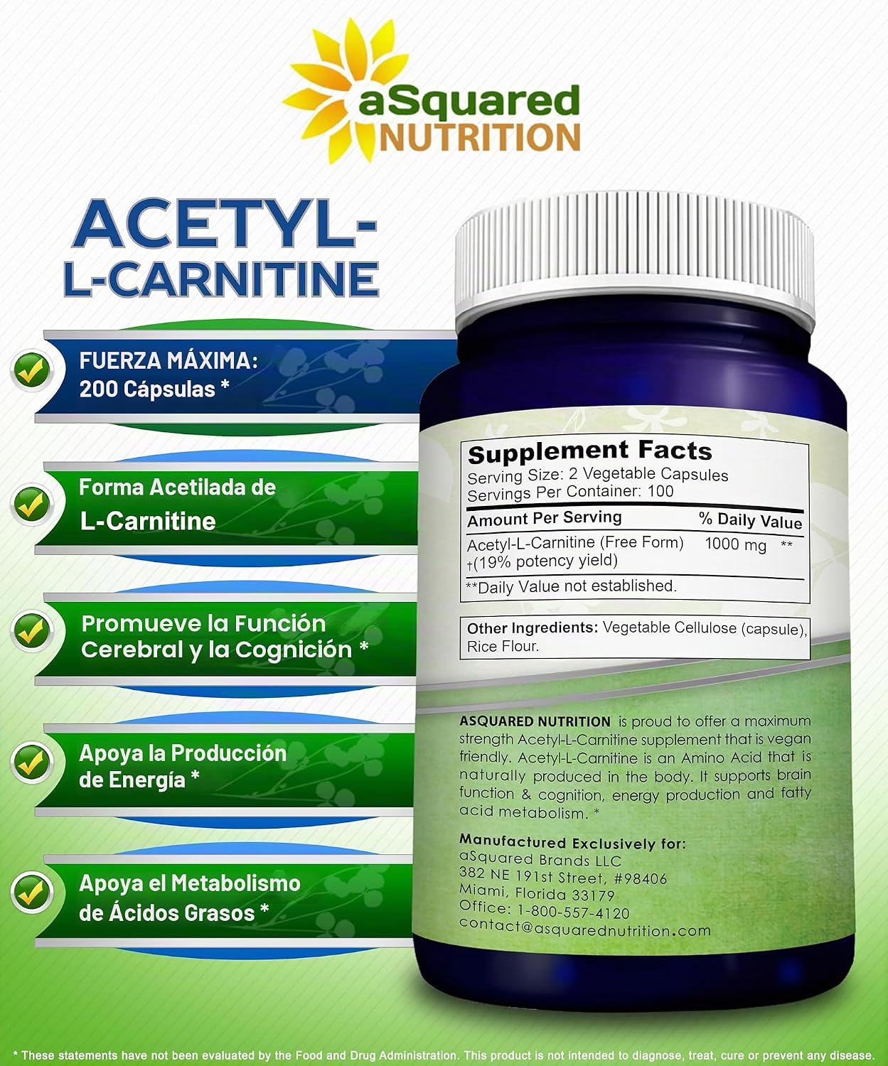 aSquared Nutrition Acetyl L-Carnitine 1000mg Max Strength - 200 cápsulas vegetales - Alta dosis de acetil L carnitina HCL (ALCAR) suplemento píldoras para apoyar la energía pura, la función cerebral y