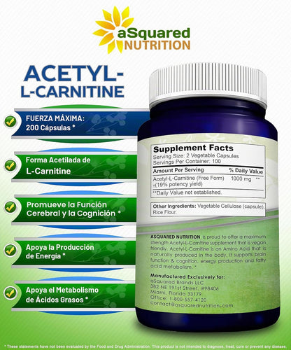 aSquared Nutrition Acetyl L-Carnitine 1000mg Max Strength - 200 cápsulas vegetales - Alta dosis de acetil L carnitina HCL (ALCAR) suplemento píldoras para apoyar la energía pura, la función cerebral y