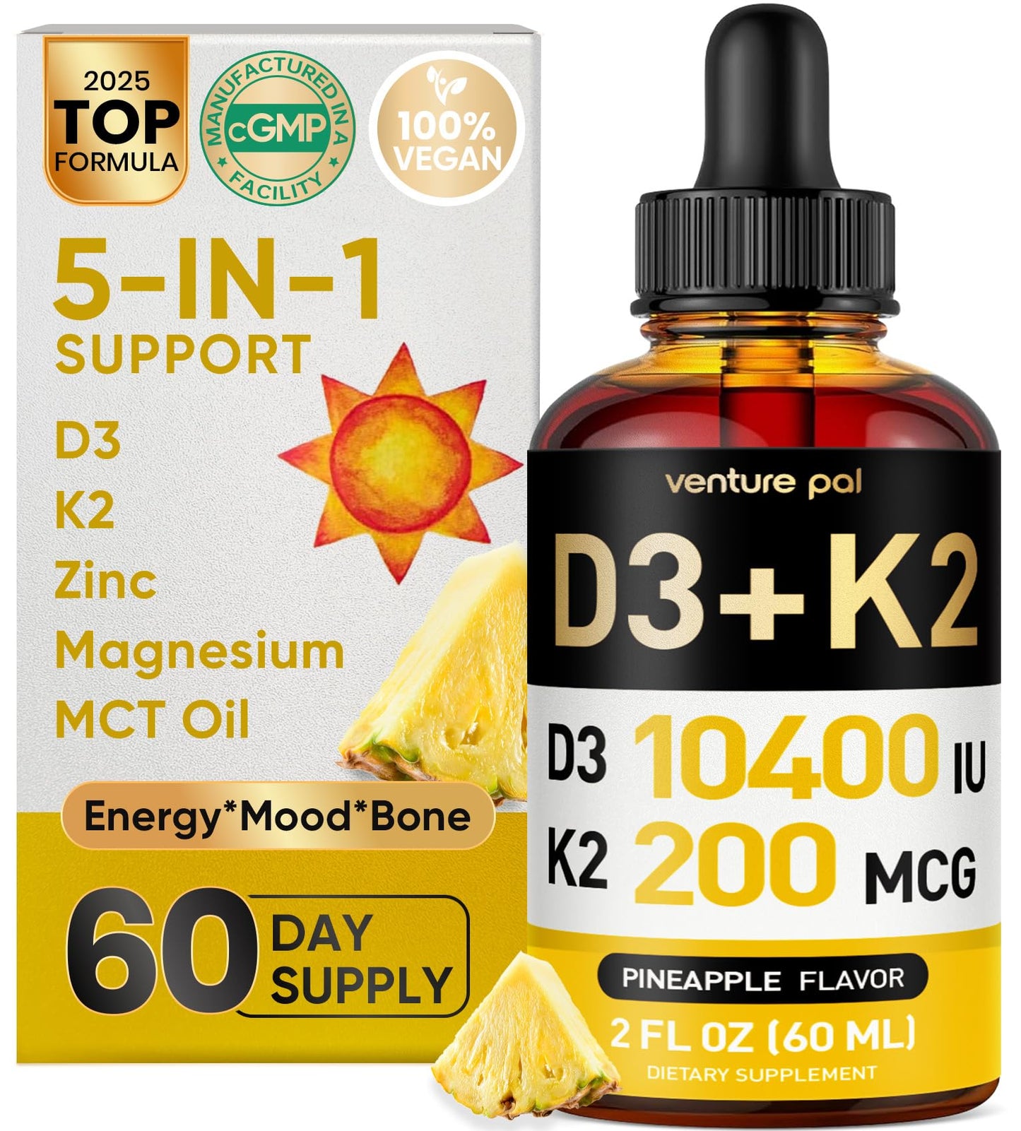 5-in-1 Vitamin D3 K2 Drops, Vitamin D3 10400 IU & K2(MK-7) 200mcg | With Magnesium, MCT Oil, Zinc, Maximum Absorption Vitamin D Liquid for Bone, Mood & Immune - Sugar Free | 2 FL OZ | 60 Days