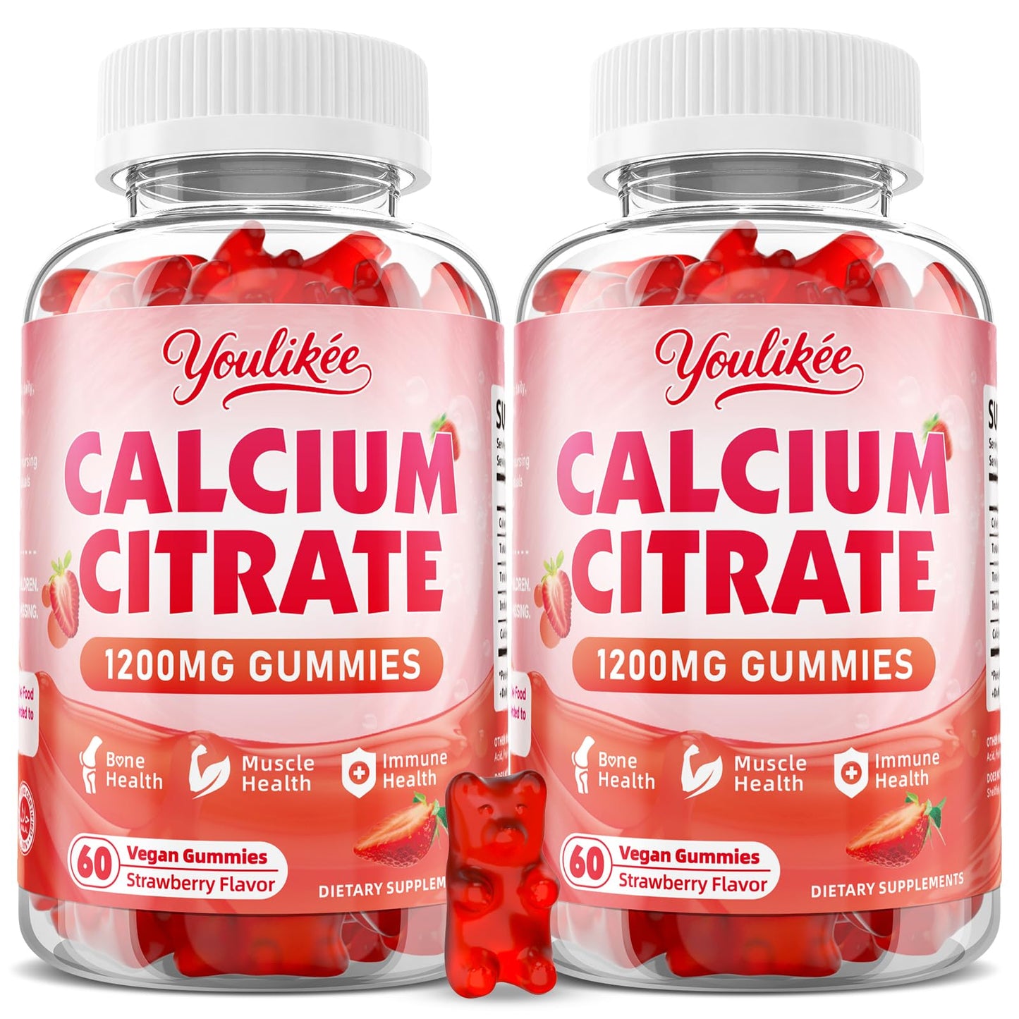 Calcium Citrate Gummies 1200 mg, Calcium Supplement for Women & Men | Ultimate Absorption Calcium Gummies for Muscle & Immune Support, Strawberry Flavor, 60 Count