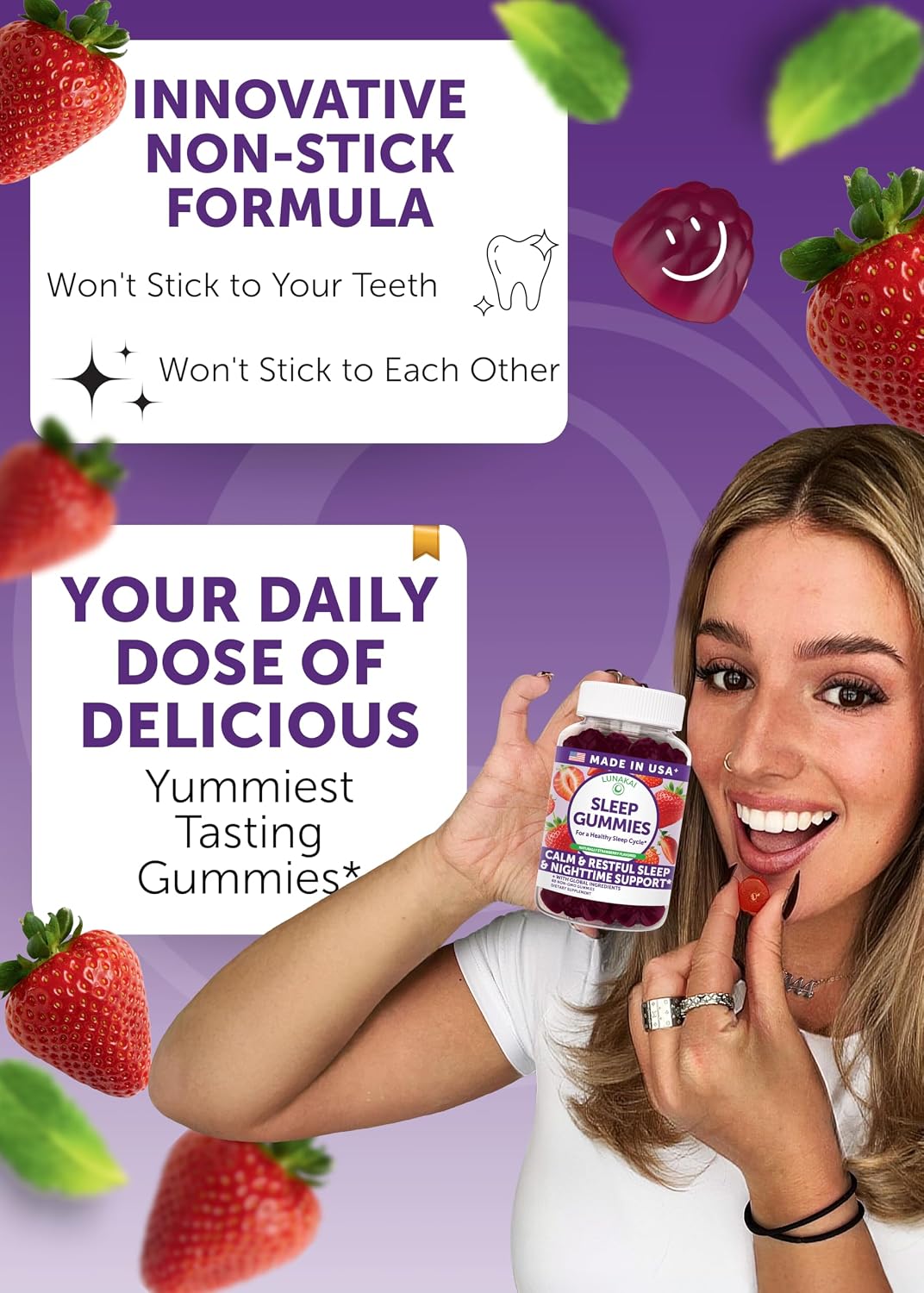 Lunakai Sleep Gummies for Adults with Melatonin 10mg & L-Theanine, 60 ct | USA Made, Non-Habit Forming, 5-in-1 Daily Sleep Aid Formula with Chamomile, Lemon Balm & Lavender, Melatonin Gummies, Non-GMO