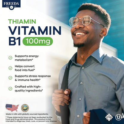 Freeda Vitamin B1 Thiamine 100mg - Supports Energy Metabolism, Nervous System Health - Kosher, Vegan, Gluten Free - Thiamin HCl 100 mg Vitamin B 1 - Pure Vit B1 Vitamin Thiamine B1 Supplement (100 Ct) | Energy Metabolism & Nervous System Health Support –