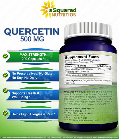 Quercetin 500mg Supplement - 200 Capsules - Dihydrate Powder Complex Pills | Max Strength Quercetin Dihydrate Supplements to Support Cardiovascular Health & Help Improve Immune Response
