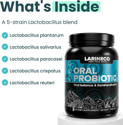 Larine co Remineralizing Oral Probiotic Pills – Dissolvable Oral Probiotic Tablets for Fresh Breath & Daily Oral Care Support – Slow Dissolving Oral Probiotic Formula – 5 Probiotic Strains