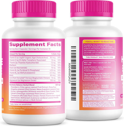 Pink Stork Hormone Balance Multivitamin for Women, 60 Vegan Capsules | 18-in-1 Vitex, Saffron, Ashwagandha, Magnesium | Mood, Energy, Cortisol, Adrenal Support | PMS, Perimenopause Support
