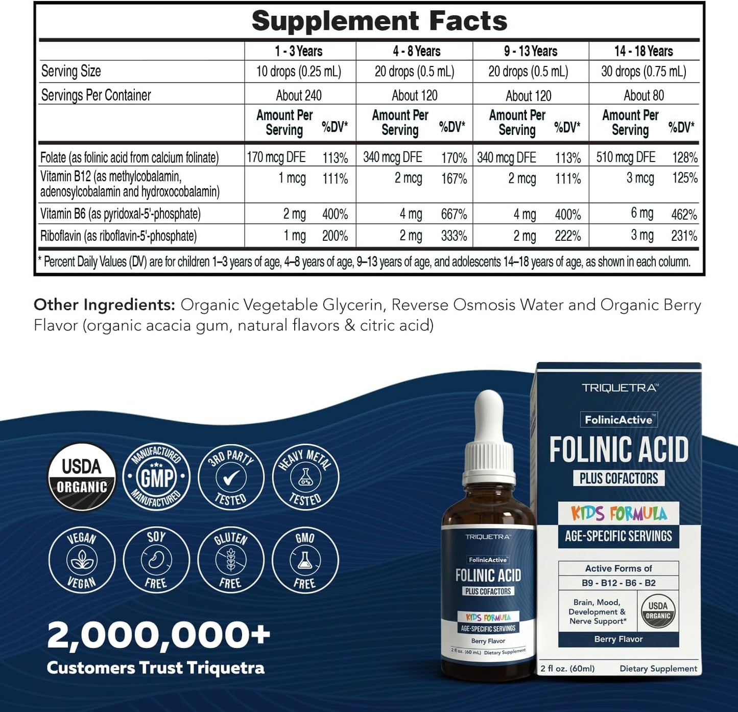 Organic FolinicActive Kids - Folinic Acid + B12, B6 & B2 Cofactors - Gentle Methylation Support for Mood, Energy & Cognition, Age Adjustable Dosing for Kids 1-18, Non GMO, Vegan, Berry Flavor (60mL)