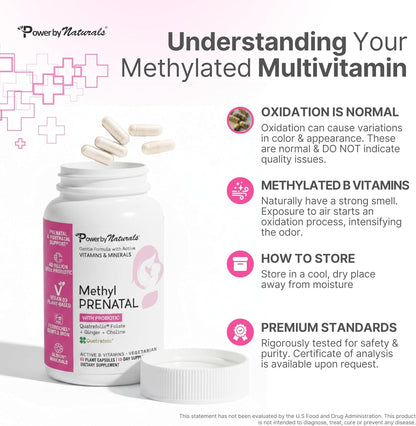 Power By Naturals Methyl Prenatal with Probiotics – Prenatal Vitamins for Women with Iron, Methyl Folate, B12 & 28 Nutrients & Botanicals – Vegan, Non-GMO, Gluten-Free – 60 Capsules (1-Month Supply)