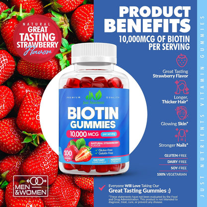 Biotin 10,000mcg Gummies for Hair Growth, Skin & Nails (100 Count) | 2x Maximum Strength Biotin Vitamins for Women & Men - Gluten-Free, Vegan, Great Tasting Strawberry Flavor