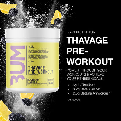 RAW Pre Workout Powder, Thavage (Beach Bum) - Chris Bumstead Sports Nutrition Supplement for Men & Women - Cbum Pre Workout for Working Out, Hydration, Mental Focus & Energy - 40 Servings