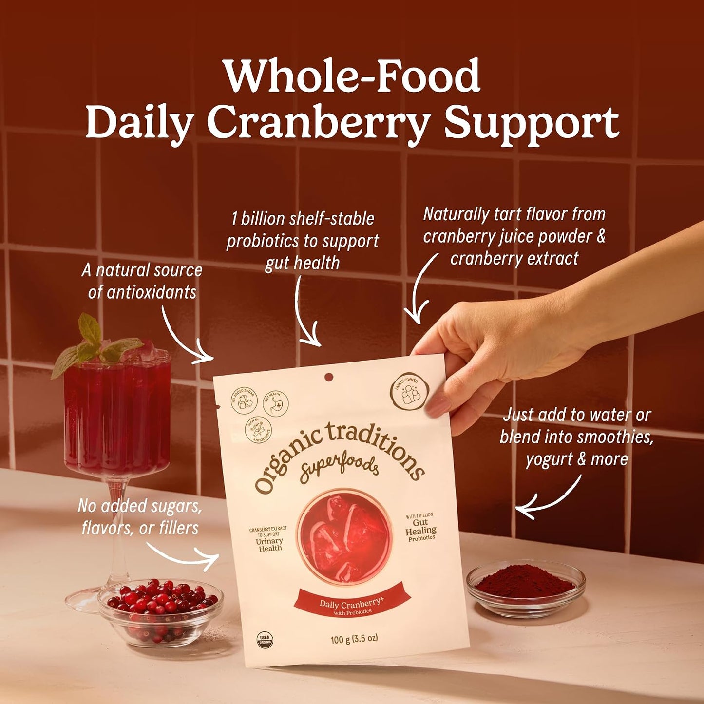 Organic Traditions Cranberry Powder, Organic Cranberry Juice Powder with Cranberries and Probiotics, No Added Sugar, Plant-Based Powder for Smoothies and Recipes, Vegan Non-GMO, 100g / 3.5oz Bag