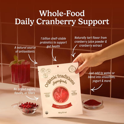 Organic Traditions Cranberry Powder, Organic Cranberry Juice Powder with Cranberries and Probiotics, No Added Sugar, Plant-Based Powder for Smoothies and Recipes, Vegan Non-GMO, 100g / 3.5oz Bag