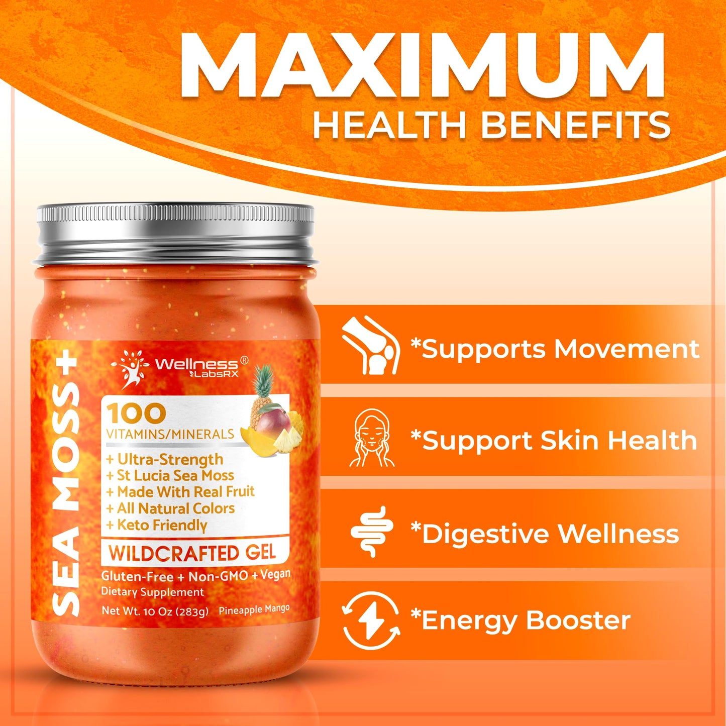 WELLNESS LABSRX Irish Sea Moss Gel Raw - Wildcrafted Superfood Seamoss Gel - Pineapple Mango Flavor, Vitamin and Mineral-Rich from Pristine Caribbean Waters - 10 oz.