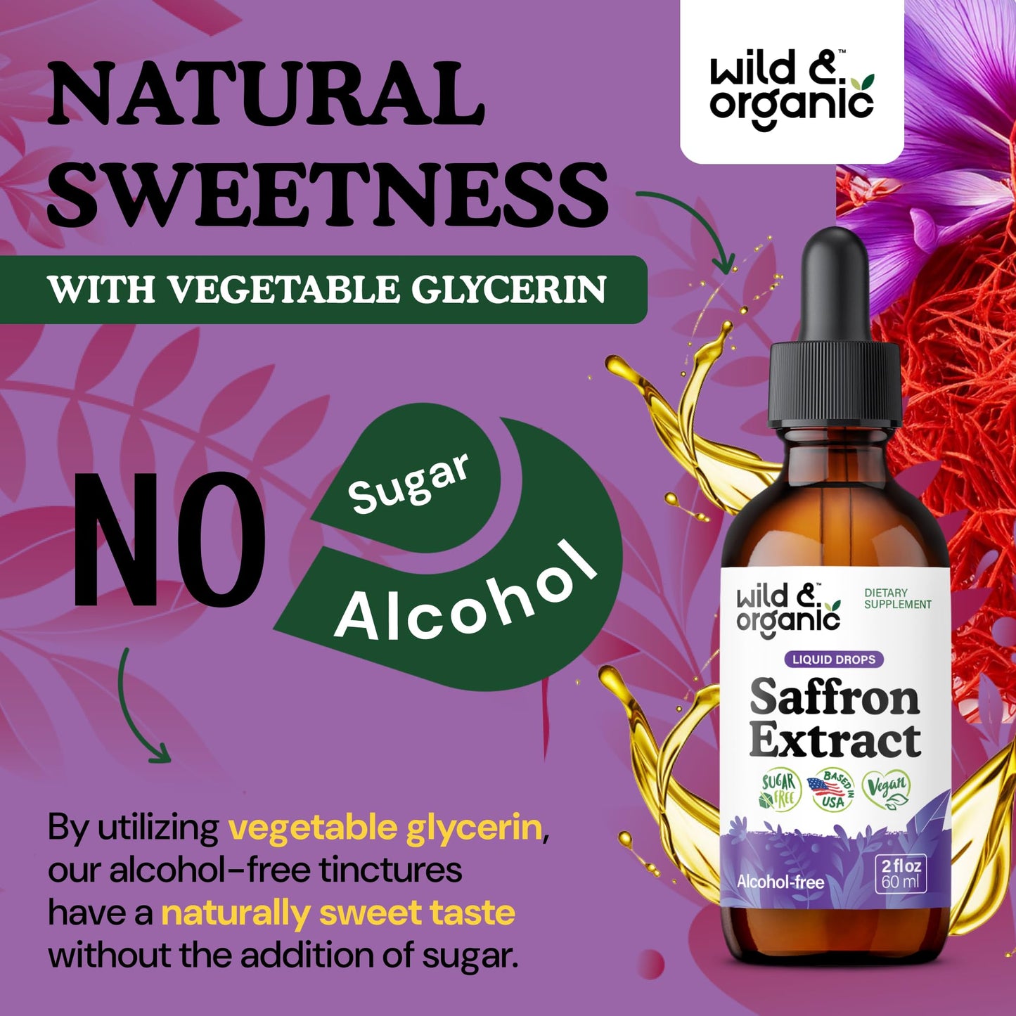 Wild & Organic Saffron Supplements 88.5 mg - Mood, Focus & Eye Support - Saffron Extract Liquid Drops - Add to Tea - 5-Month Supply - Crocus Sativus Herb - Vegan, Sugar & Alcohol-Free Tincture - 4 oz